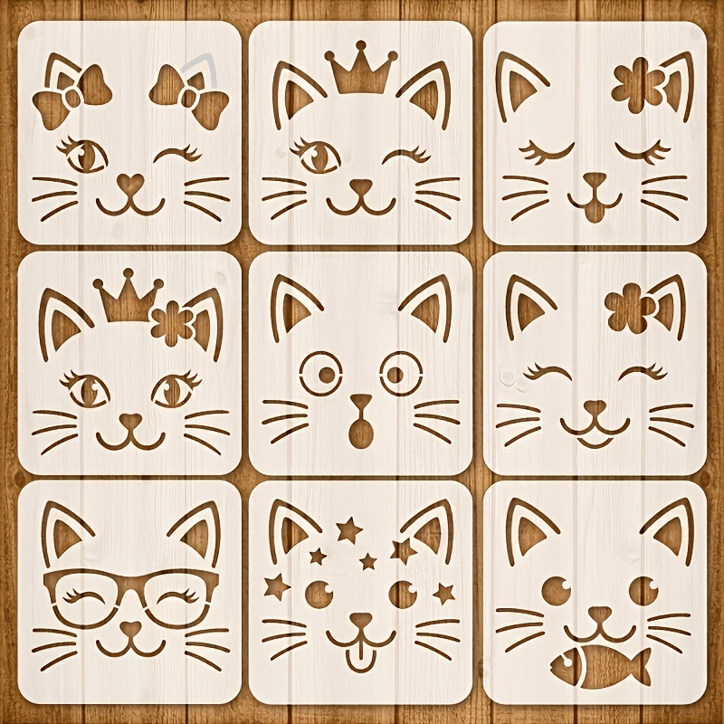TEMU 9pcs Set Cute Kitten Head Silhouette Hollow Painting Templates Pet Washable Reusable Hollow Stamping Board Crown Flower Bow Small Kitten Pattern