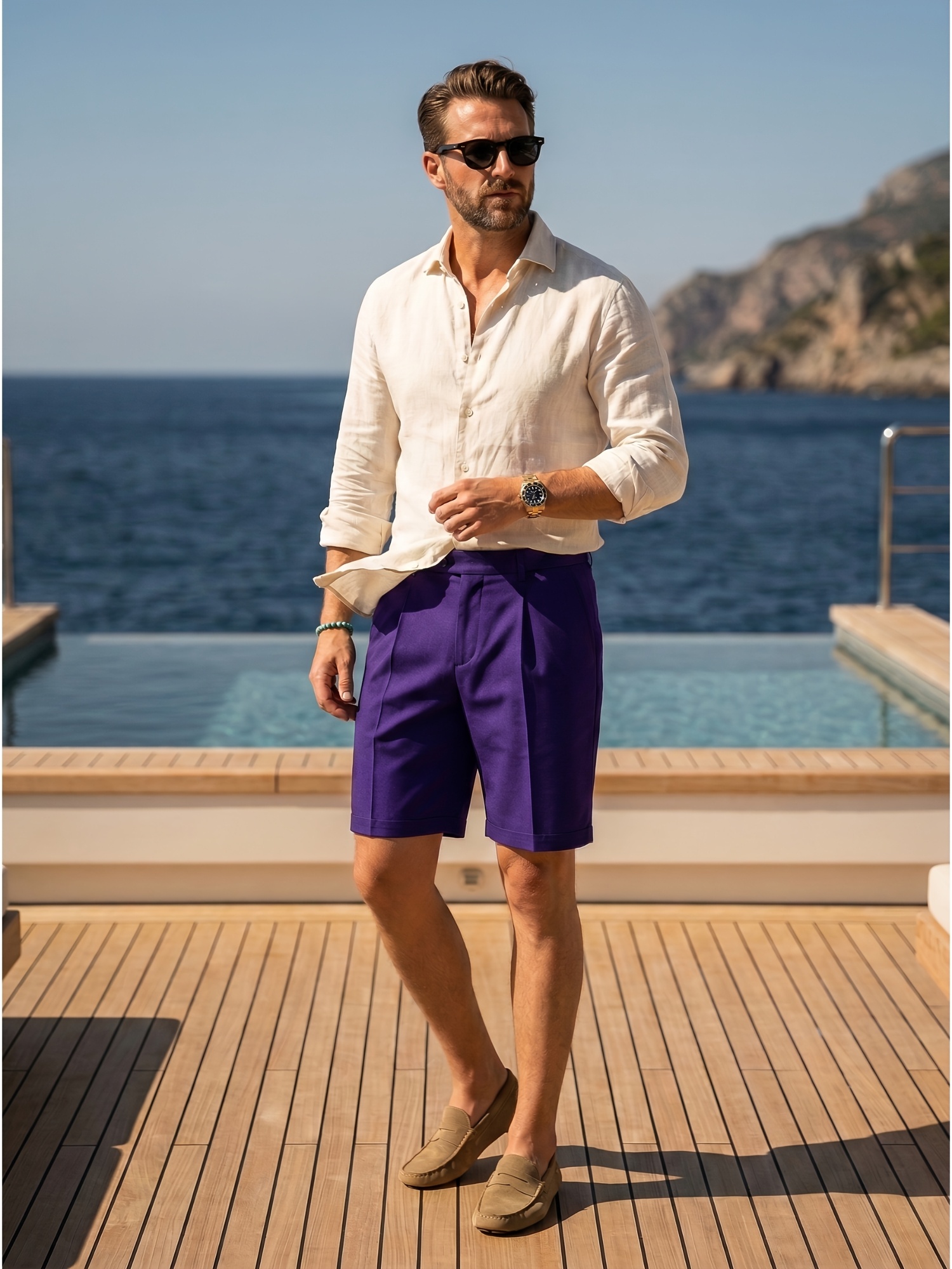 smart casual dress shorts mens classic pleated lightweight tailored chino Anne Klein Women's Dress Style:AP1E212232 Casual men making it a versatile color:Blue, Purple, Multi
