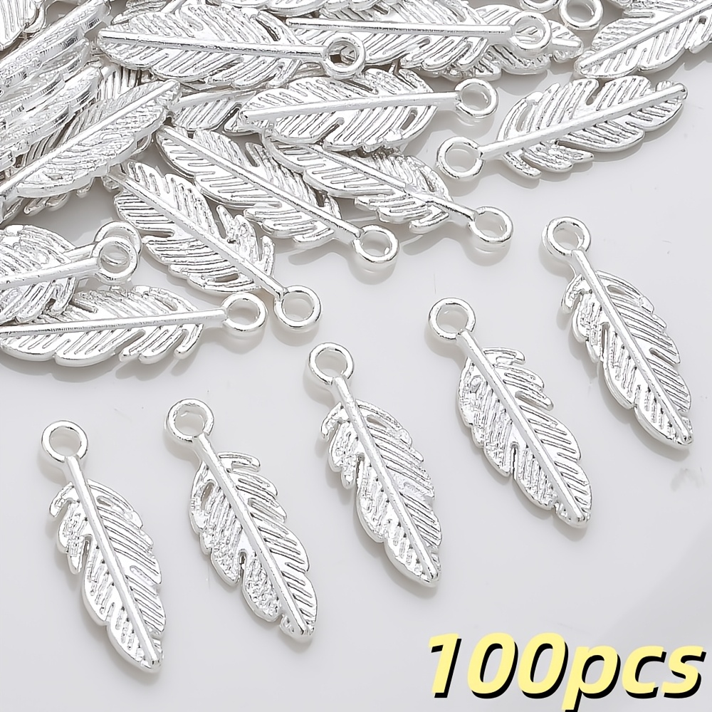 TEMU 100pcs 5x15mm Feather Charms Pendants, Silvery Feathers Pendants Tibetan Style Alloy Charm Beads For Jewelry Making Catcher Earring Necklace