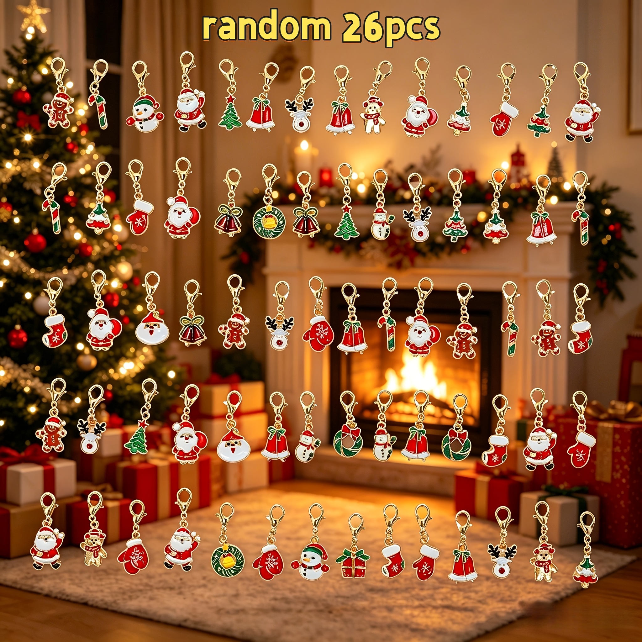 TEMU Random Style Christmas Theme Keychains 26pcs Set Enamel Craft, Alloy Material, Santa Claus Snowman Reindeer Bell Christmas Tree Mixed Style |