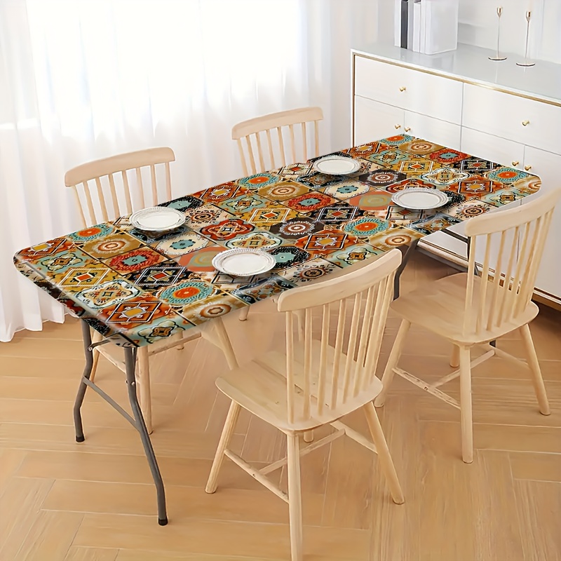 TEMU 1 de mesa con diseño de elástico, vintage, forma rectangular, poliéster, tejido de punto a máquina, para decoración de mesa de comedor, en casa,