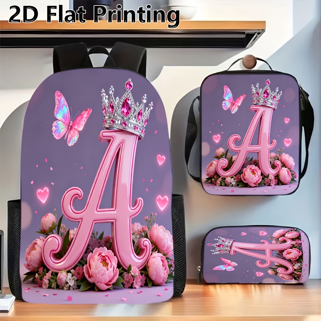 TEMU Printed Design - Not Textured 3pcs Backpack Set Letter Crown Print Bag With Lunch Bag Pencil Case Casual Lightweight Practical Bags For Girls