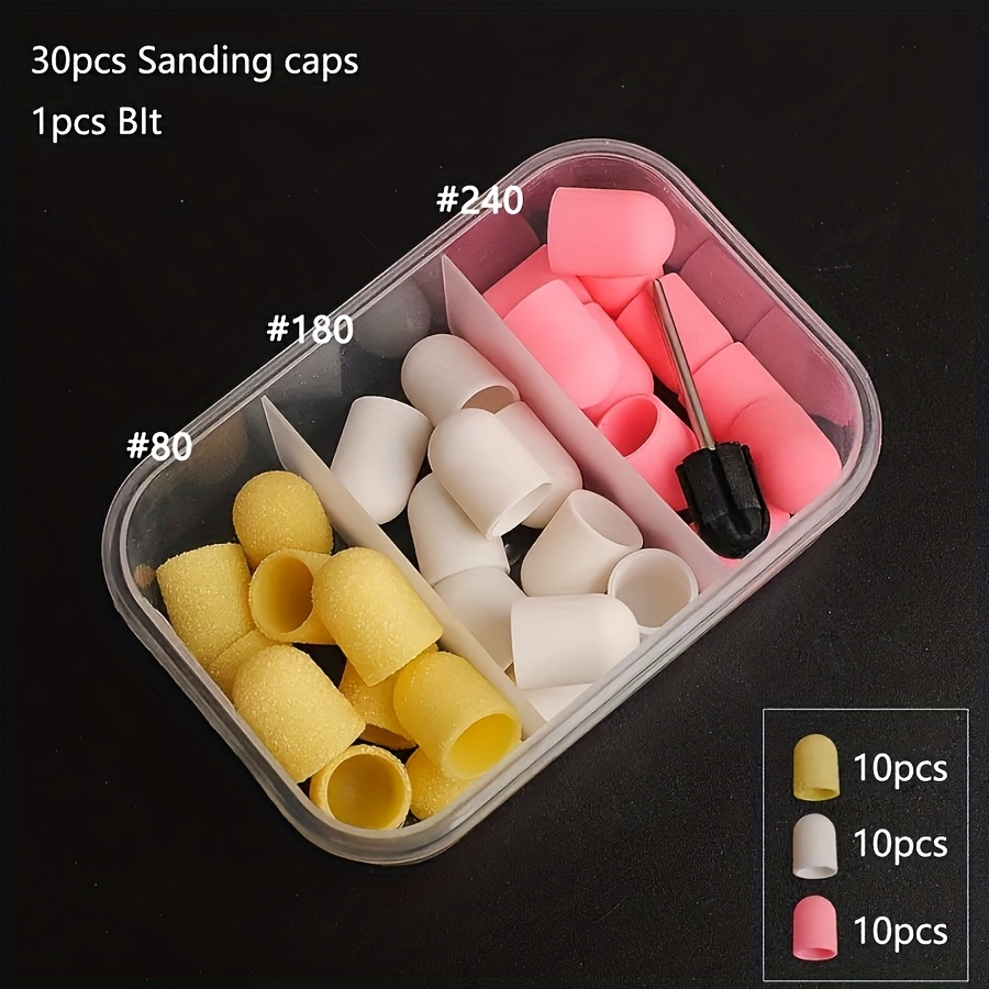 E-shop 30-tlg. Nagelschleifkappen mit 1 Aufsatz für Fußfeile-Entferner, Maniküre, Pediküre, Nagelpolierfräser, für Zuhause Salon, 10mm x 15mm