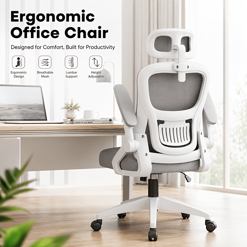TEMU Una silla de oficina ergonómica con diseño de malla, altura ajustable, giro, reposacabezas, soporte lumbar, reposabrazos de cara y una capacidad
