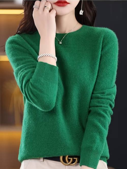 Spring and Autumn Solid Color Sweater with Round Neck, Loose Fit Long Sleeve 100% Wool Base Layer for Women