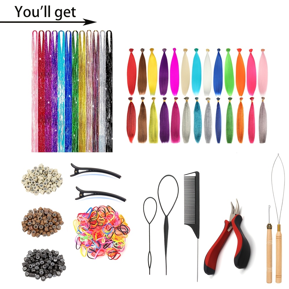 TEMU 48pcs Women's Colorful Synthetic Hair Extension Kit - 38 Vibrant Colors With Tinsel & Feather Extensions, Tools Included For Festivals, Christmas Parties & More