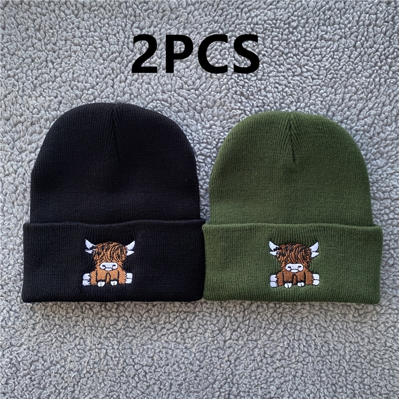 Image of 2pcs Pack 2pcs Embroidered Highland Cow Beanie Hats - Stretchy Lightweight Winter Hats Suitable For , Cute Scottish Cow Embroidery, Hand Washable For Parties, Casual Attire & New Year Events (unisex)