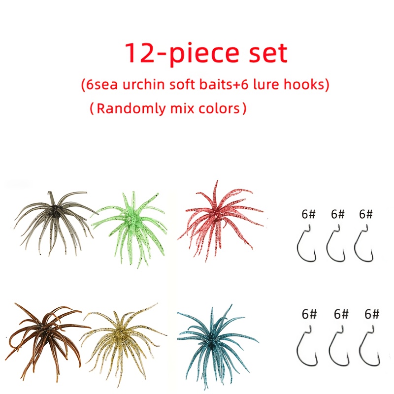 TEMU 12pcs Set: 6 Sea Soft Lures + 6 Lure Fishing Hooks, Wide-bellied Crank Hooks, Spherical Floating Bionic Realistic Lures. Suitable For , Trout,