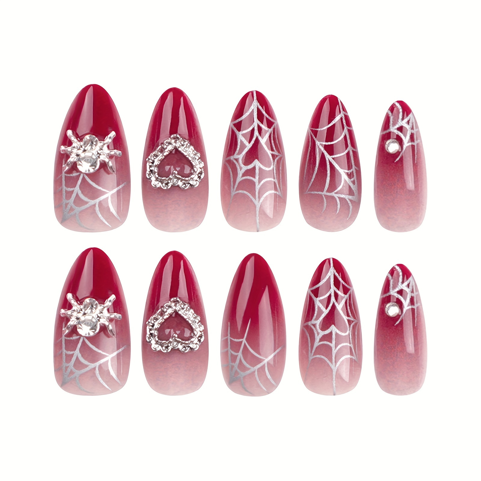 

Almond Red Press-on Nail Mid-length Nud And Red Reusable Ombre Nails Silver Spiderweb Pattern Heart Decor Artificial Nail For Women And Girl Party Activity, Halloween Decoration