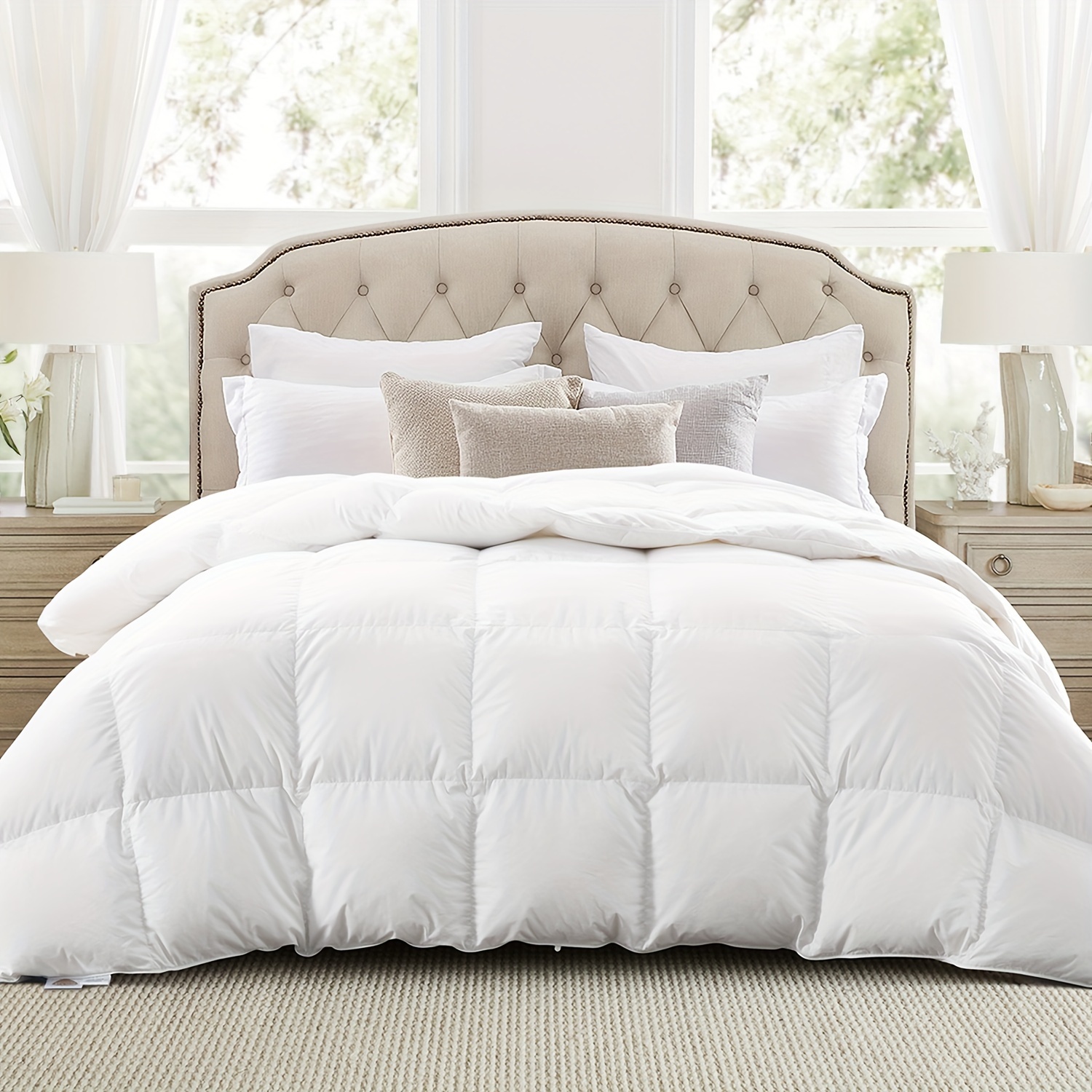 

Luxurious Feather Down Comforter King Size, Fluffy Hotel Collection Duvet Insert Medium Warmth For All Season, 100% Soft Cotton Shell With Corner Tabs, White