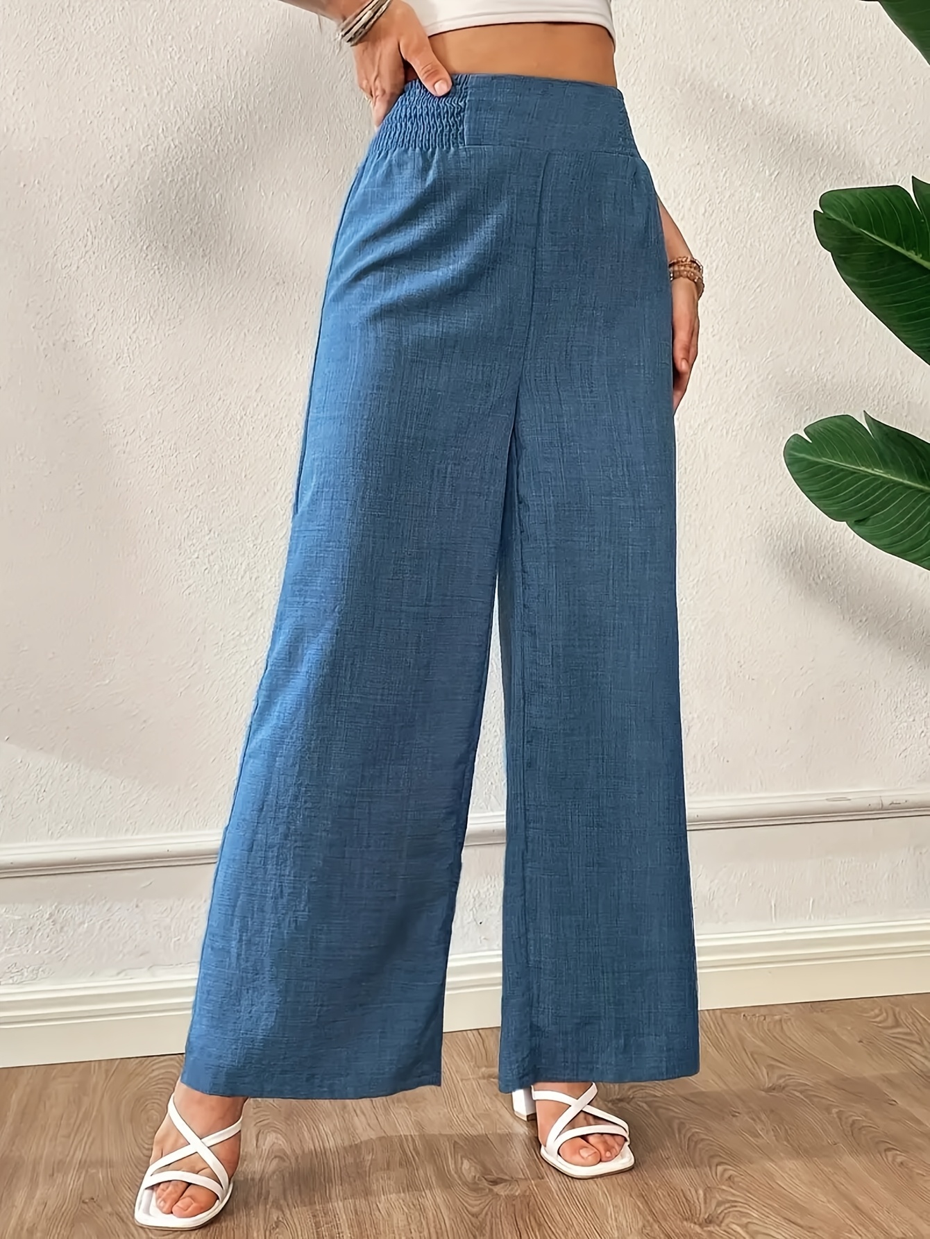 pantalon large coupe   bleu - polyester, couleur  , ceinture plissée, idéal pour printemps été automne, mode adulte, tenue décontractée | texture Détails du produit 4