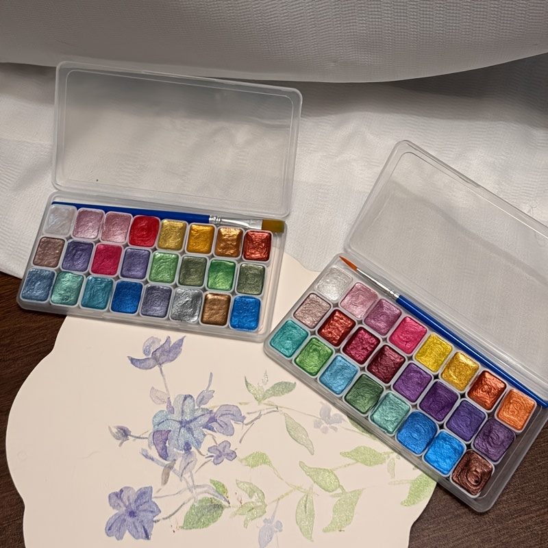 24-Color Mini Pearlescent Watercolor Pigment Set with Brush in Transparent Box for Painting, Nail Art, and Clay Coloring