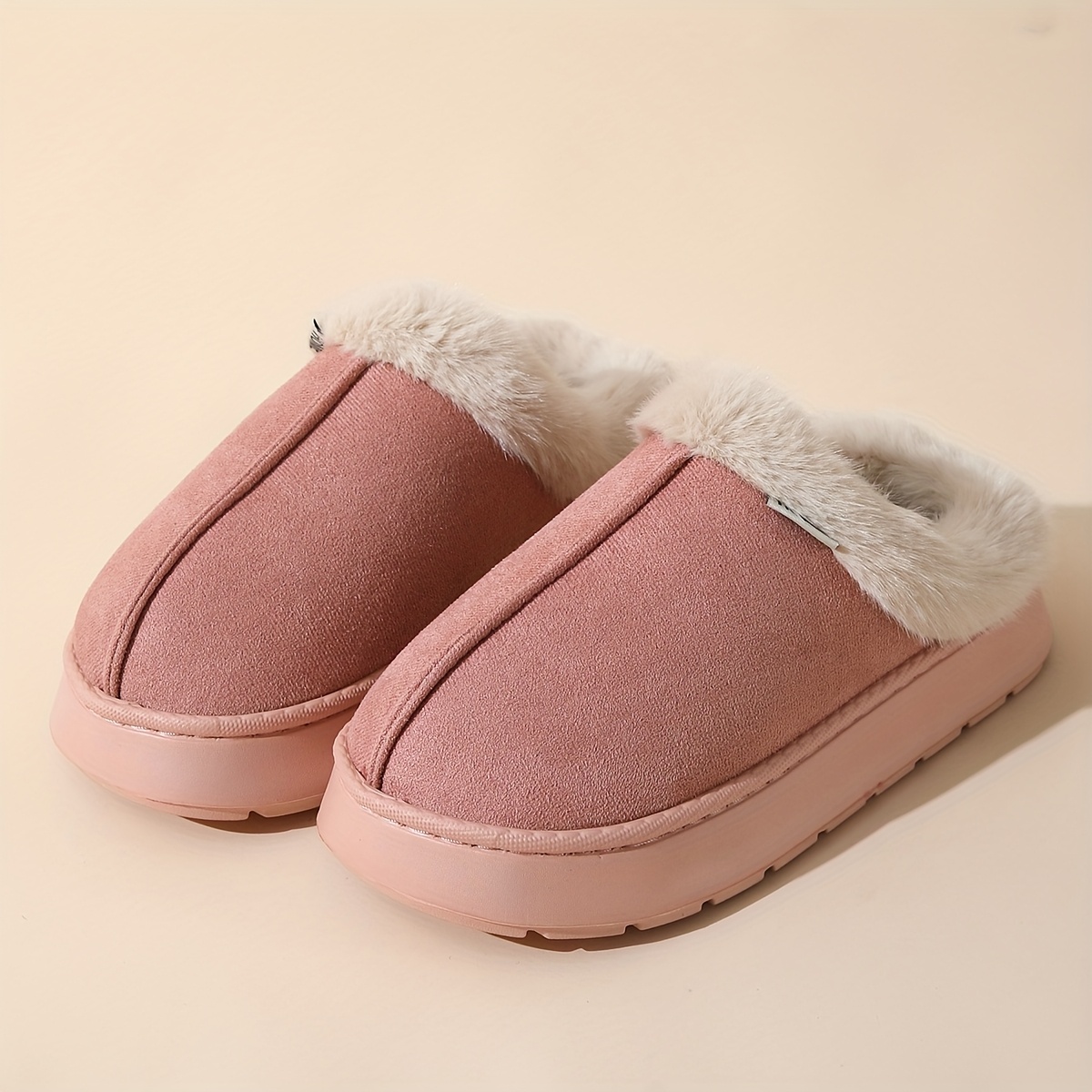 womens elegant plush slip on slippers soft warm thick cushioned eva sole with plush lining non slip comfortable beach for summer   indoor outdoor house shoes in pastel neutral colors pink easy clean durable eva material 5