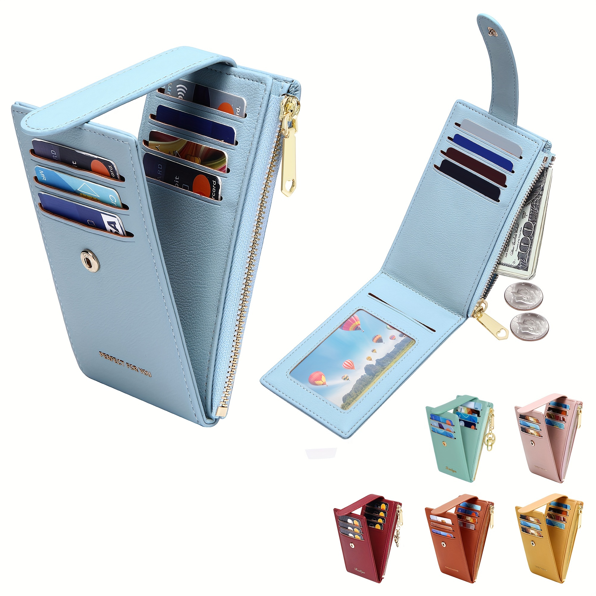 

Women's Rfid Blocking Wallet, Slim Bifold Pu Leather Multi-card Case With Zipper Coin Purse, Casual Multiple Card Slots And Id Window