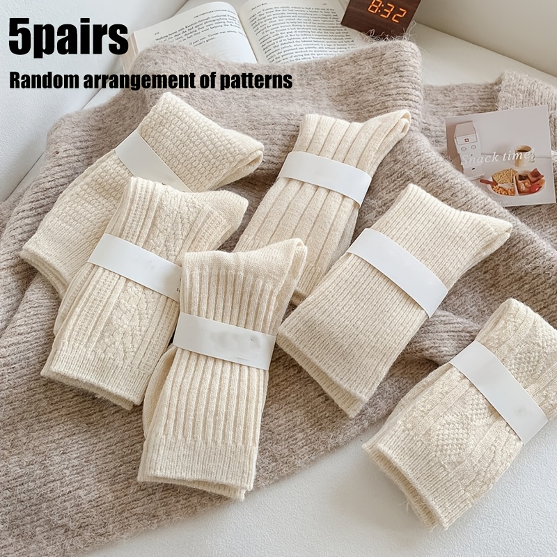 

5 Pairs Autumn Winter Women' Fashionable Solid Color Knitted Mid Tube Socks, Comfortable Breathable Floor Socks, Sports Socks, Suitable Daily Outdoor Sports Wear