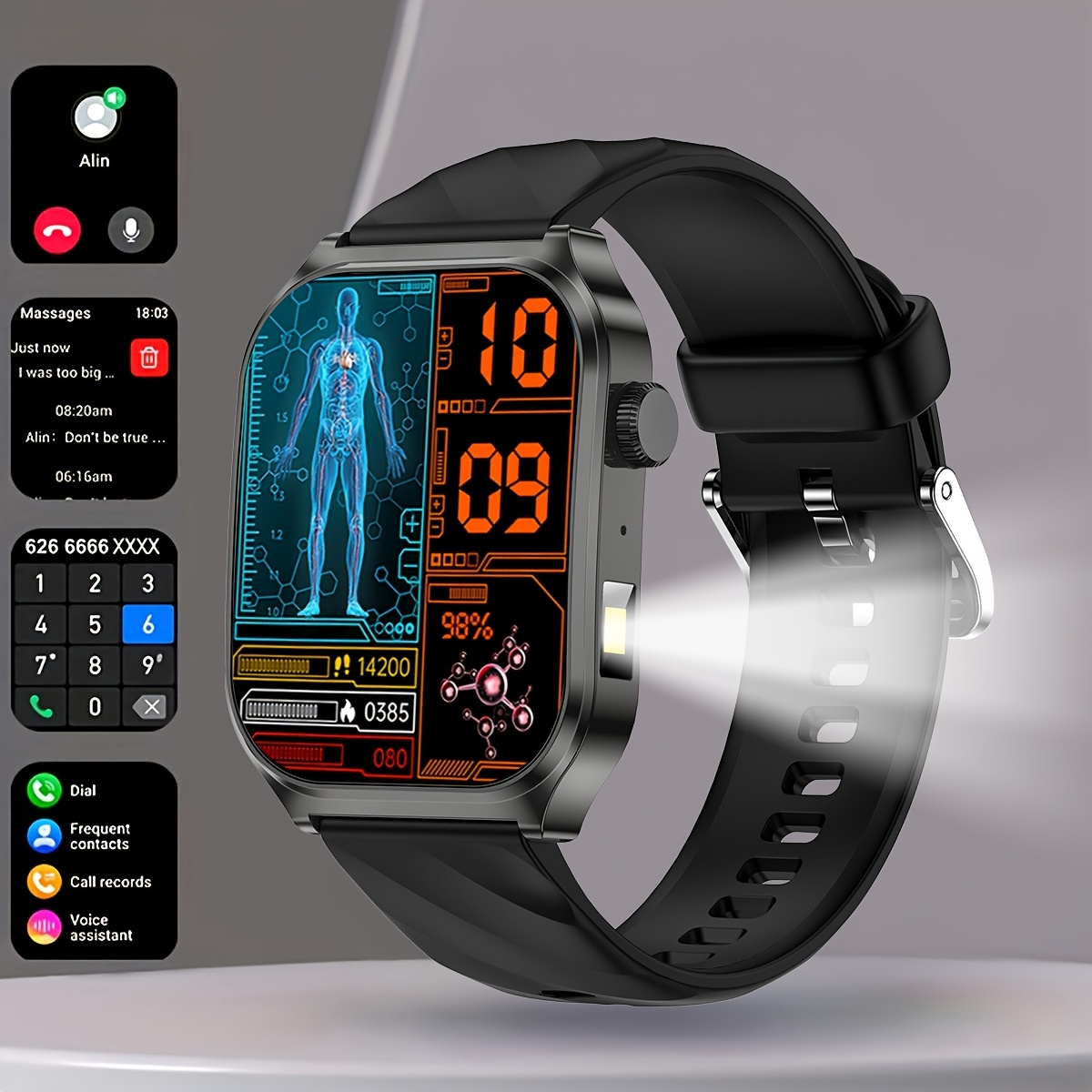   unisex outdoor smartwatch with 2 01 full touch curved screen 100 sports   wireless calling led flashlight ip67 high   display 4   compatible with   iphone usb rechargeable 0