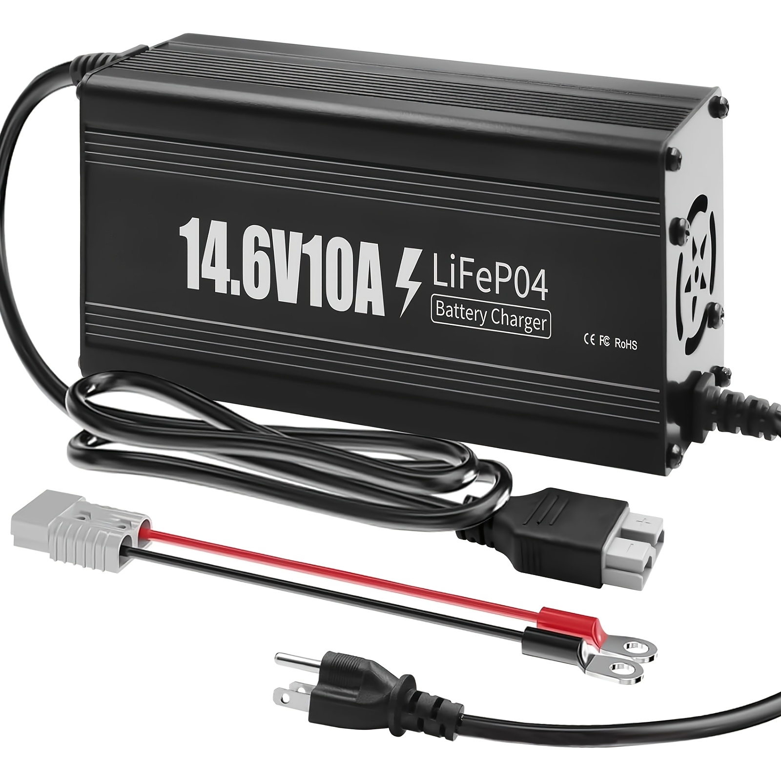 TEMU 12v 10a Lithium Battery Charger, 14.6v Lifepo4 Battery Charger With Premium Aluminum Housing - 0v Activation For Golf Cart, Rv, Marine, Boat,