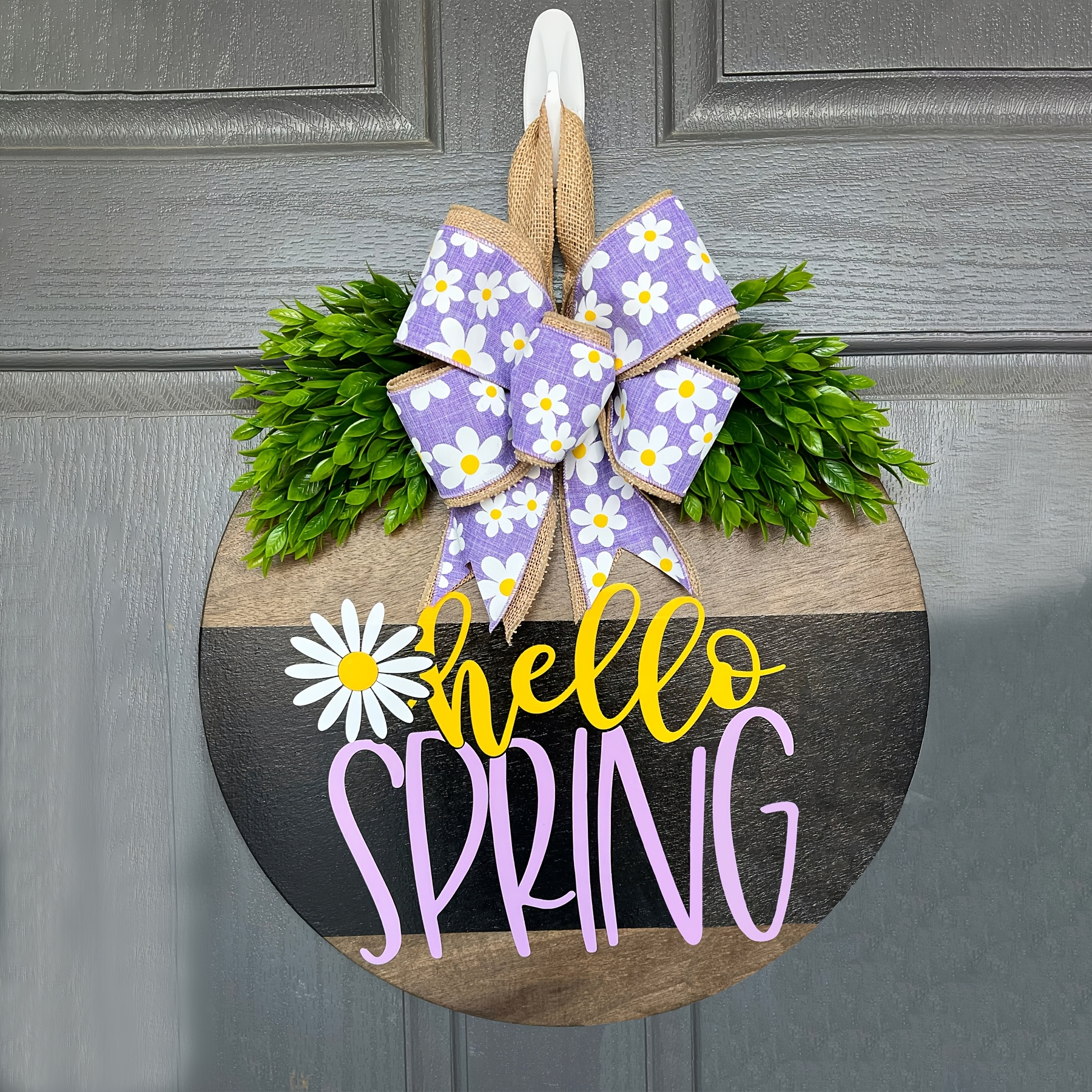 

Rustic '' Daisy Wreath - Vibrant Wooden Front Door Decor With Purple Bow, Green Foliage & Burlap Accents, Battery-free Seasonal Welcome Sign For Home, Wreaths For Front Door