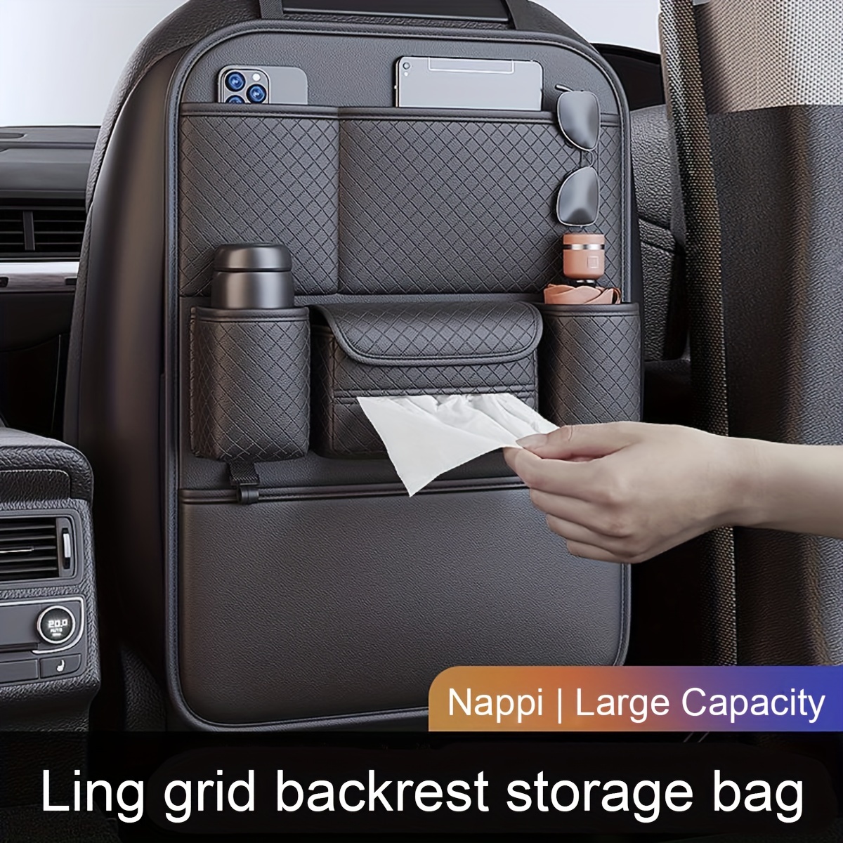 TEMU Ling Grid Backrest Storage Bag: Large Capacity, Pu Leather, Car Seat Organizer