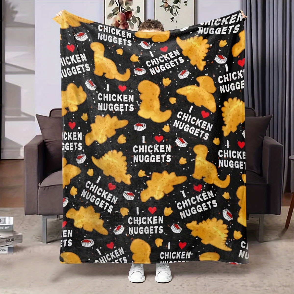 

Dinosaur Nuggets Printed Flannel Throw Blanket, Unisex Birthday Gift, Traditional Style, , Soft Knitted Fabric, , Polyester Cover, 200-250g Square, For Sofa, Bed, Living Room