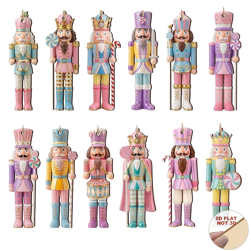 TEMU 2d Flat 12pcs Set Of Macaron-colored Wooden Nutcrackers Christmas Ornaments, Character Christmas Tree Decorations, Christmas Atmosphere