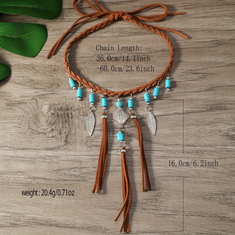 Bohemian Vintage Style PU Leather Choker Necklace with Turquoise Beads