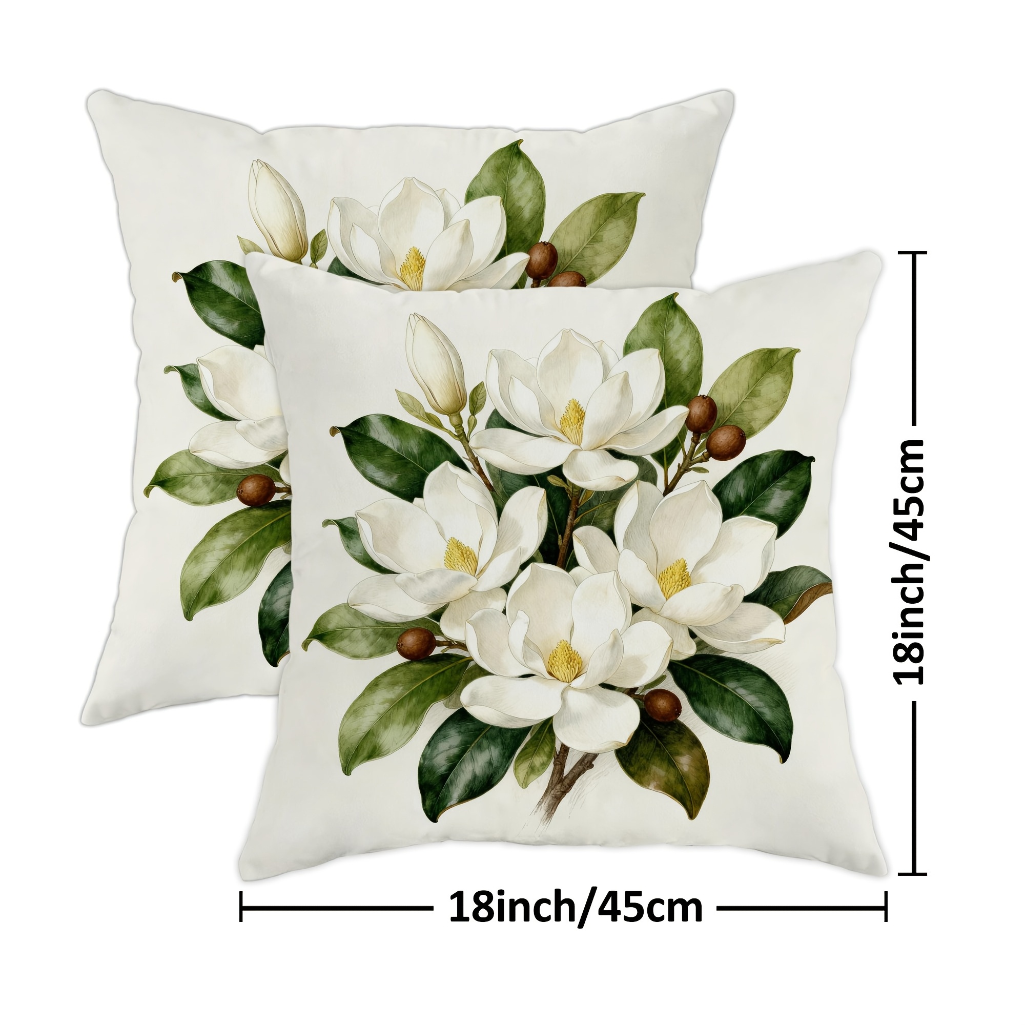 TEMU 2d Flat - Set Of 2 Flat Magnolia Covers Featuring Botanical Designs With Natural Leaves And Buds White, Equipped With A Concealed Zipper,