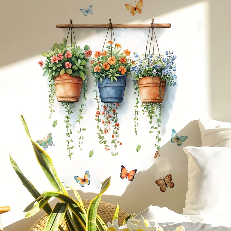 Classic Realistic Potted Colorful Flowers and Butterflies Wall Sticker, Self-Adhesive Decal for Living Room, Bedroom, Study, Kitchen, Dining Room, Removable PVC Mural