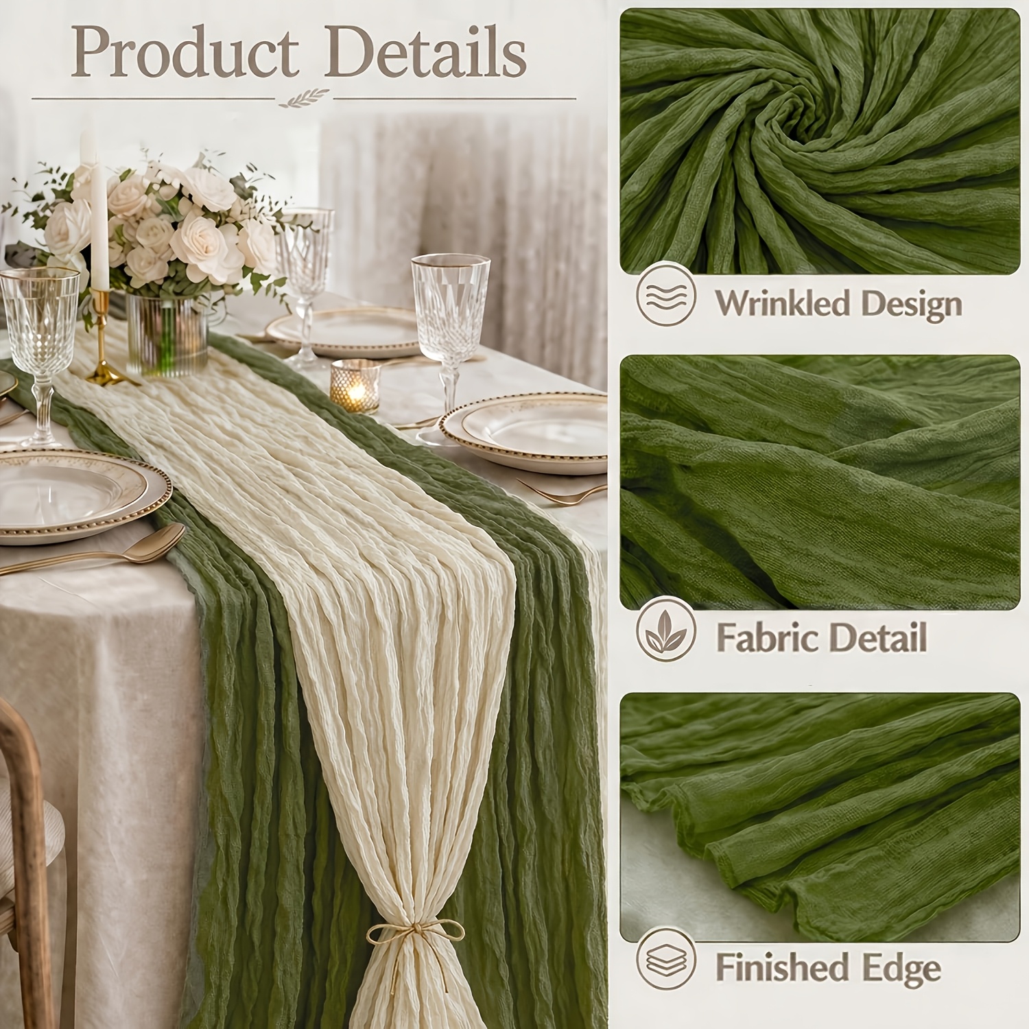 TEMU 2pcs Set Of Military Green And Beige Cheesecloth Table Runners, 45*275cm/17.72*108.27 Inch Cheesecloth Bohemian Gauze Wedding Bride Baby Shower