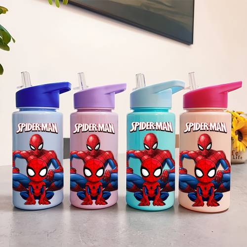 a single piece of a themed water bottle featuring an adorable design with a capacity of 500ml 16 9oz it has a solid color a slanted spout a straw and a convenient handle