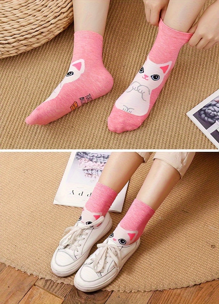 5 or 10 Pairs Girls' Cute Anime Cat socks - Ankle-Length with Multi-Cat Designs (Black, Tabby, White) - Soft Polyester Everyday Winter & Fall Socks for Teen Girls - Machine Washable - Perfect Gift for Cat Lovers, Teenage Footwear, Playful Sock Designs, Knitted Texture, for Teenager