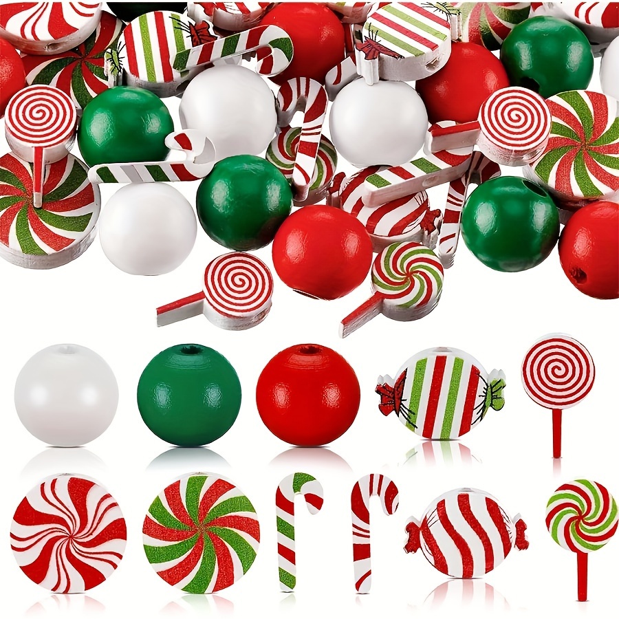 

46pcs Assorted Christmas Candy Wooden Beads Set, Red & Green Bead Garland, Diy Crafts, Holiday Party Supplies, Keychains, Jewelry Making Decorations