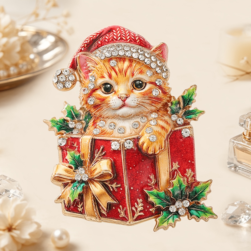 TEMU Boîte Cadeau de Noël Broche en Émail Chat, Pin Kitten Incrusté de Strass, Accessoire de Mode Cadeau de Noël