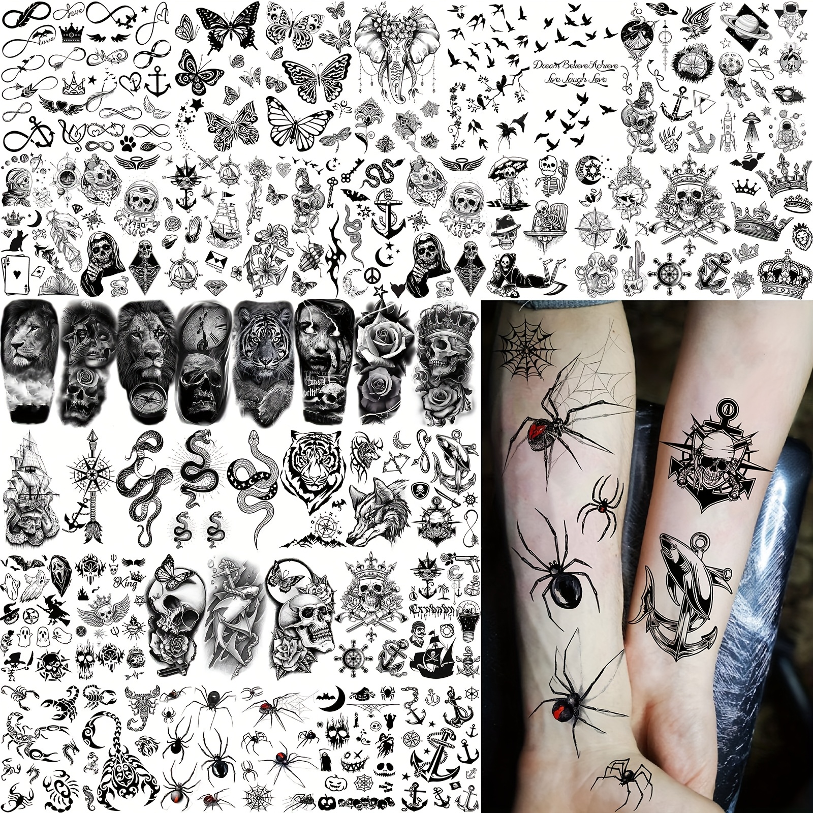 48 sheets trendy cool skull   temporary tattoos for men women halloween costume arm hand neck   tattoo sticker waterproof long lasting realistic   snake   birds   tatoos body decals