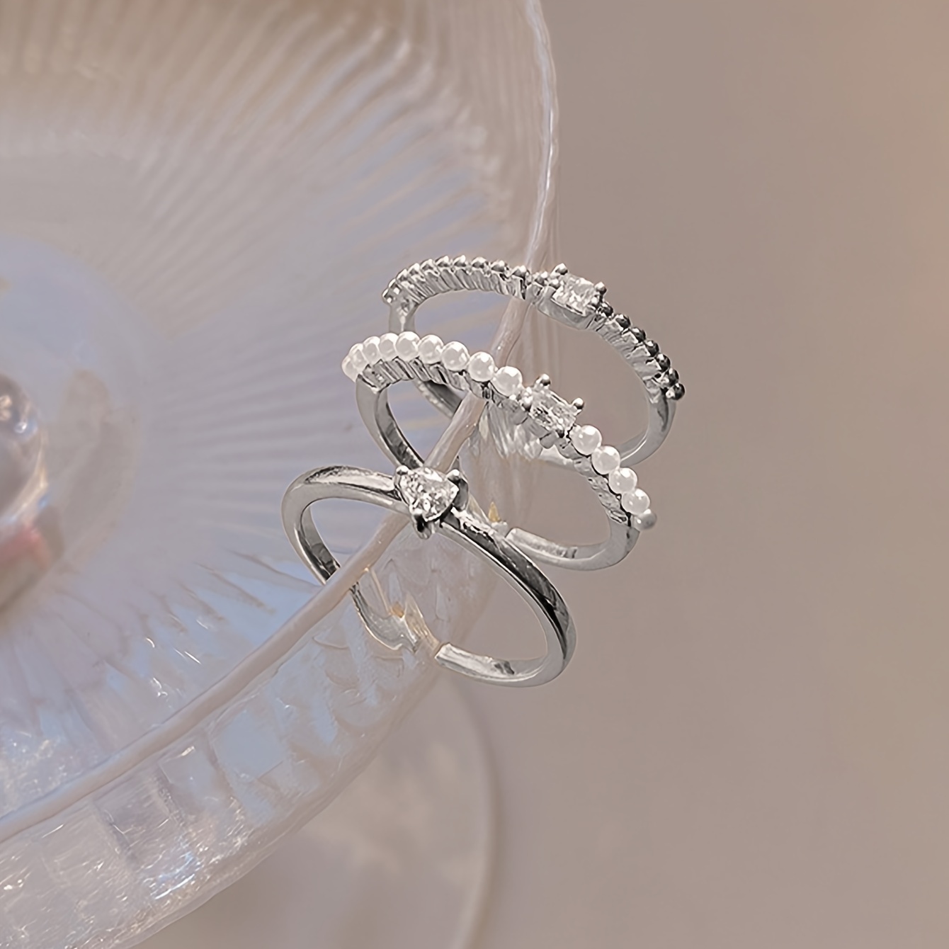 3pcs Micro Inlaid Zirconia Pearl Open Ring Set for Women