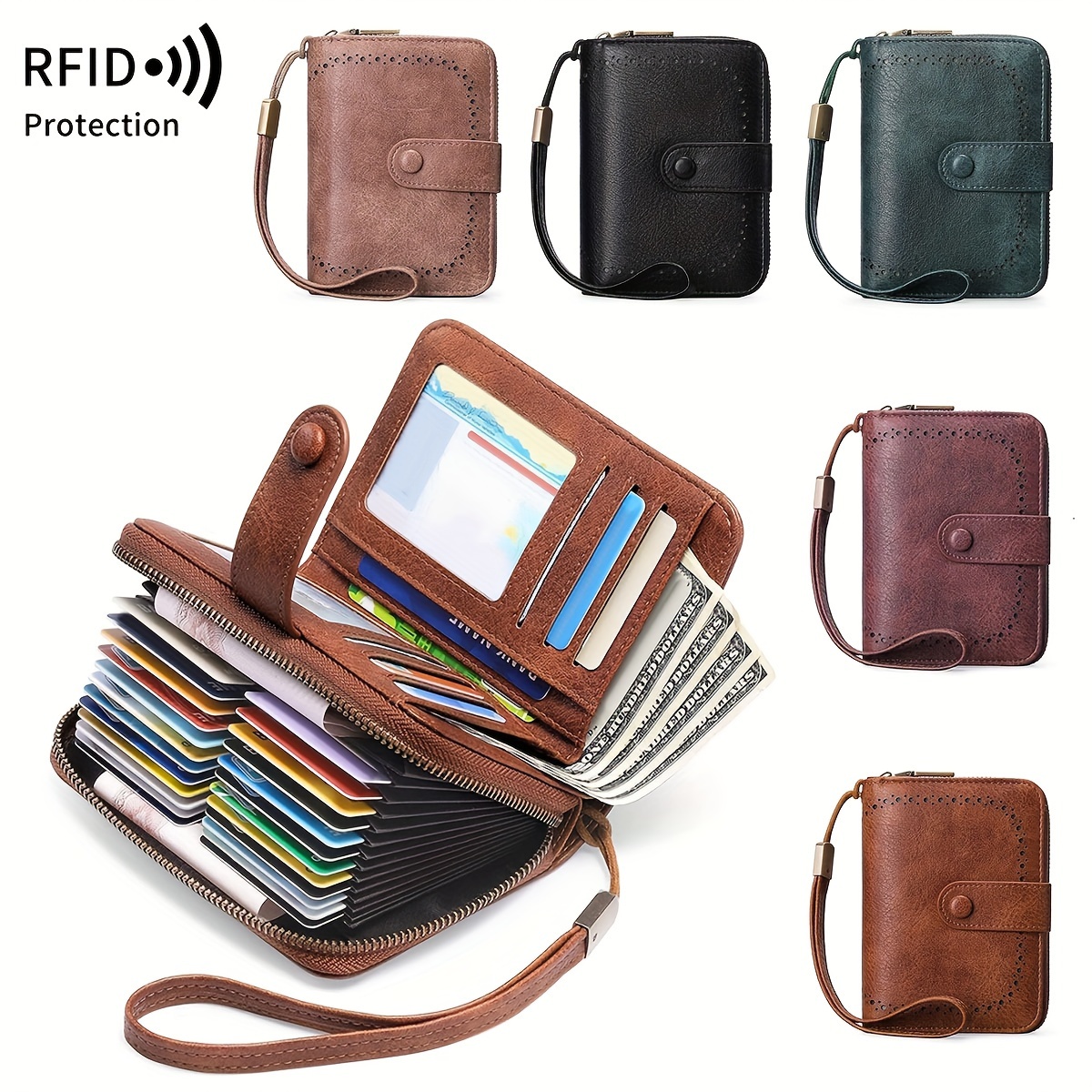 

Rfid Wallet For Women, Retro-style Multi-card Slot Credit Card Holder With Zipper, Wrist Strap, And Large Capacity