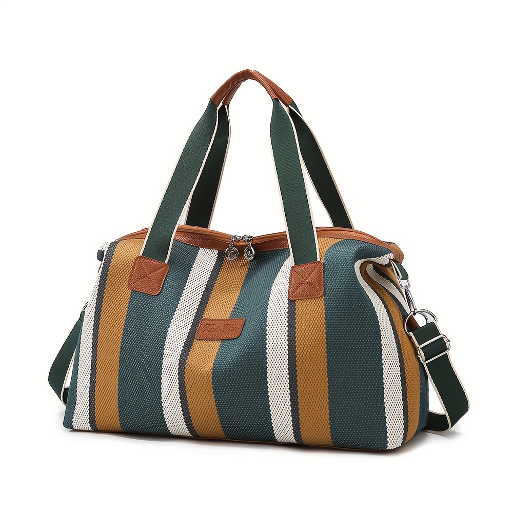 Striped Retro Short- Travel Bag For Women, Lightweight Handheld Luggage With Large Capacity