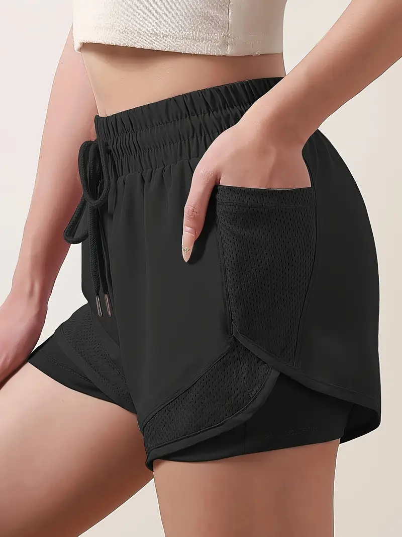 womens 2 in 1 shorts dry mesh pockets elastic waistband drawstring comfortable fitness gym workout shorts details 6