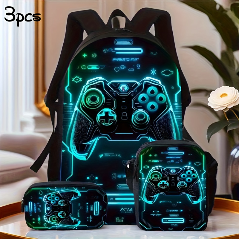 TEMU 3pcs Gaming Backpack Set & - Gamer-themed Bookbag With Tablet/laptop Compartment, Pencil Case & Lunch Box Pocket - Lightweight Durable Backpack