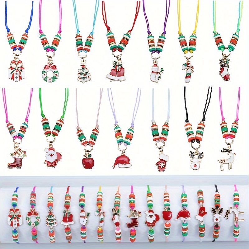 TEMU 28pcs/set Girl's Vibrant And Necklace Set, Colorful Christmas Tree Santa Claus Snowman Assorted Varieties Pendant Necklace Gift (braided Rope Adjustable)