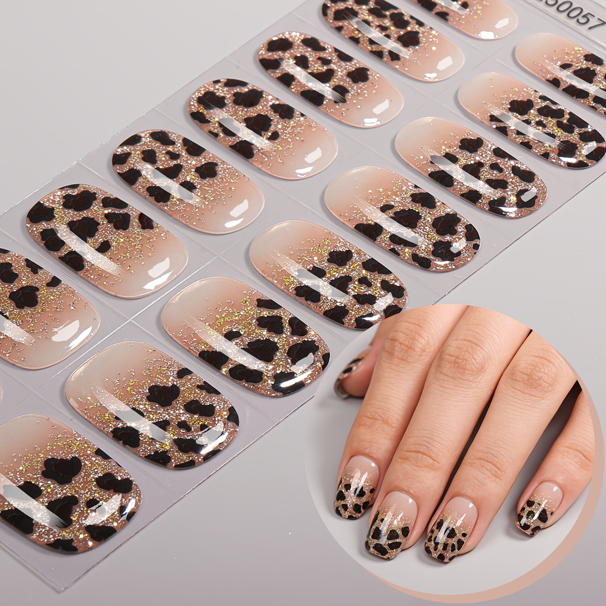 Image of 16pcs Leopard Glitter Semi-cured Gel Nail Strips, Spring/summer Brown Nail Stickers, Self-adhesive And Easy To Apply, Suitable For Women And Home Diy Manicure