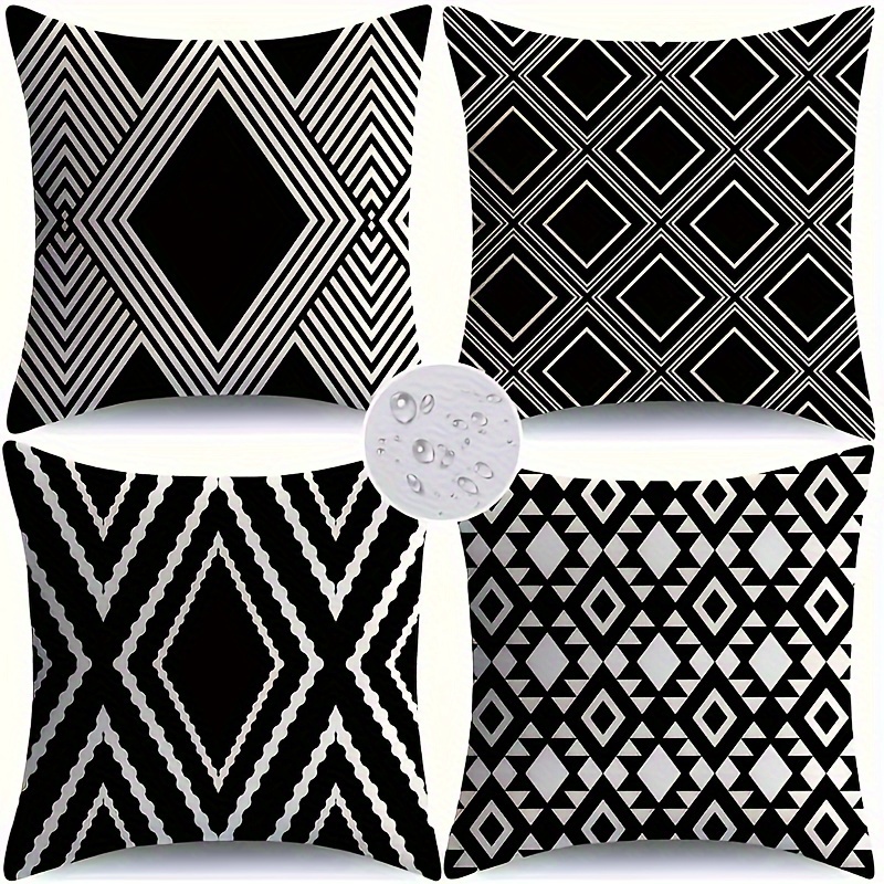 

4-piece Set Modern Geometric Waterproof Throw Pillow Covers 18x18 Inch - Black & White Abstract Design, Zip Closure, Machine Washable For Sofa, Patio, Car Decor