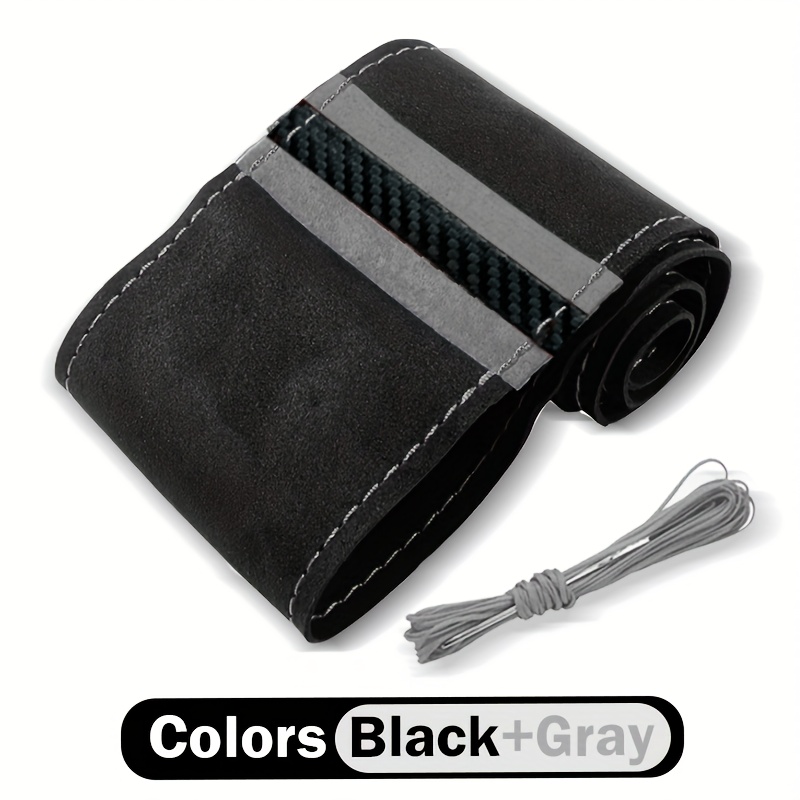 Image of Retro 3-stripe Carbon Fiber Suede Sweat-absorbent And Non-slip Car Steering Wheel Cover, Hand-sewn Pu Suede Non-slip Sweat-absorbent Handle Cover, Universal Non-slip Handle Cover For