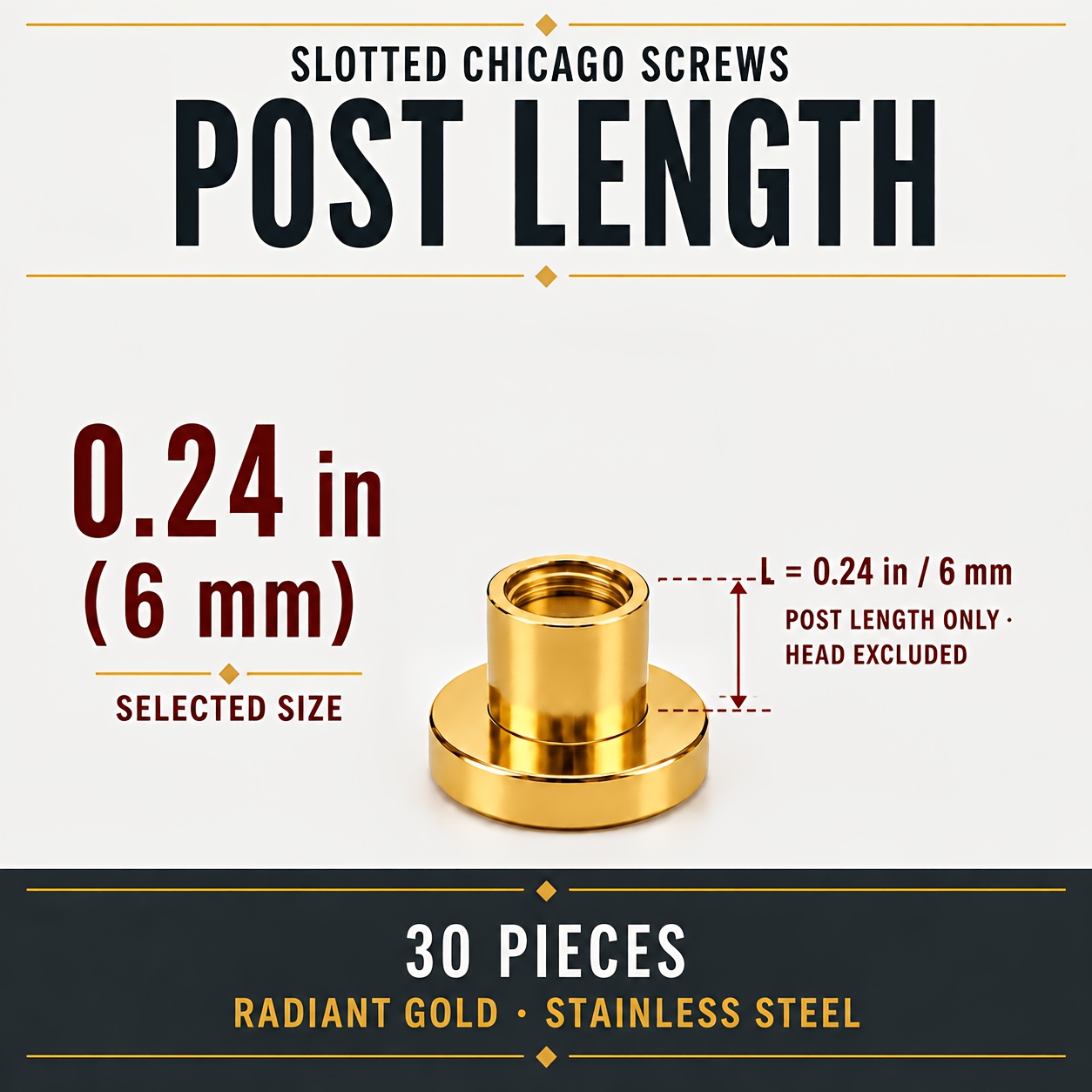 TEMU Lot de 30 vis à six pans creux Chicago et à visser en acier inoxydable, finition dorée rayonnante, vis à fente avec lisse, 2 attaches à à vis
