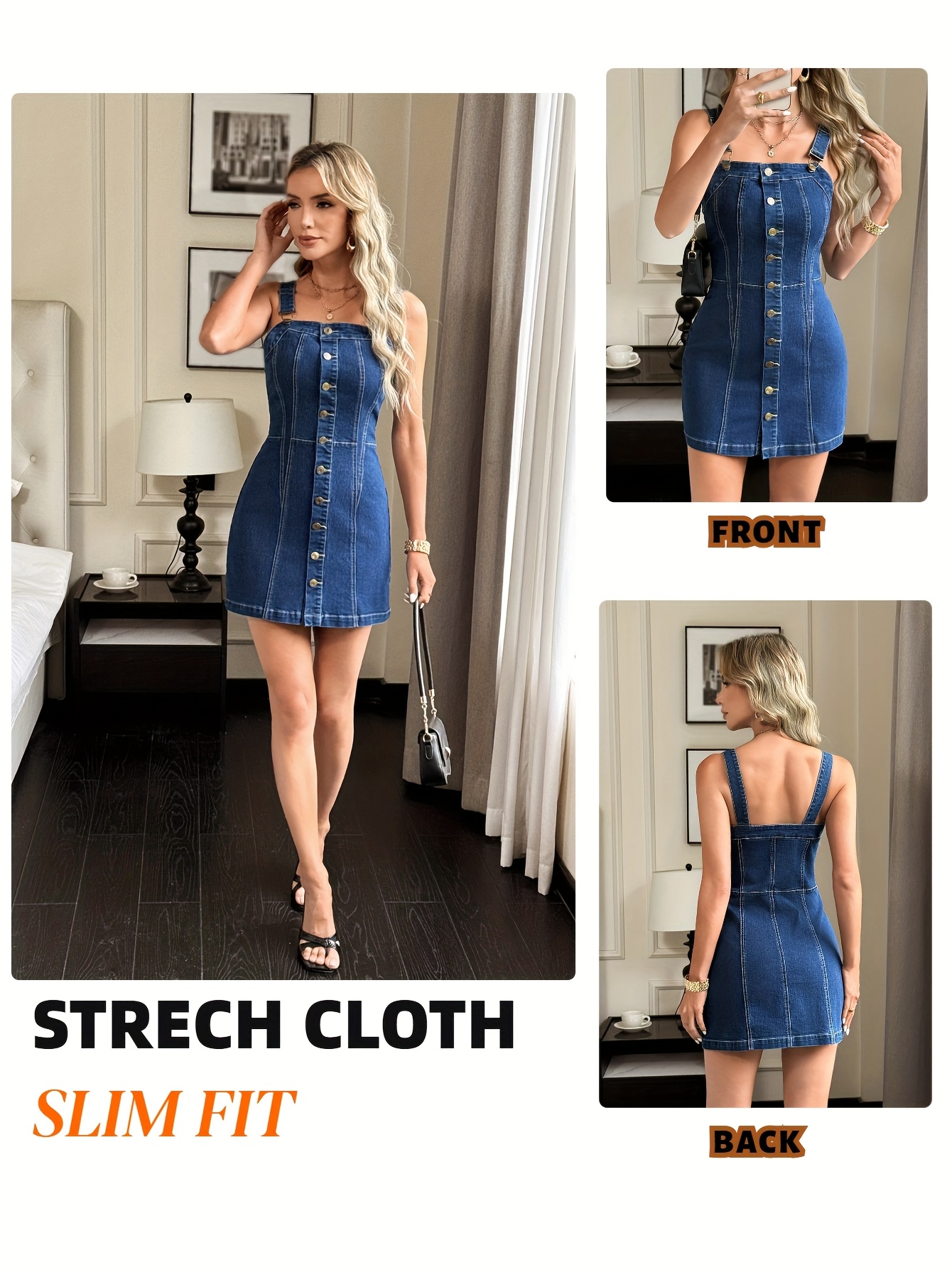 's Stretch Denim Dress with Front Button Closure & Adjustable Straps - *  Fit Casual Elegant Style, Machine Washable Spring Summer Fall Dress,  Seasonal Fashion, Stretchable Fabric