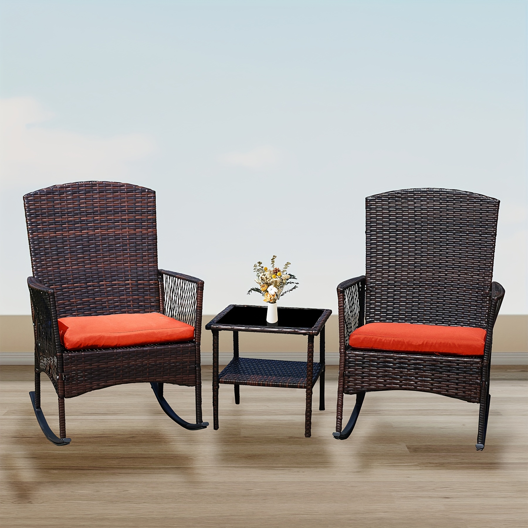 3pcs Outdoor Patio Furniture Set, Outdoor Rocking Chairs Set Of 2, Wicker Furniture With Cushions And Coffee Table For Garden, Balcony, Backyard