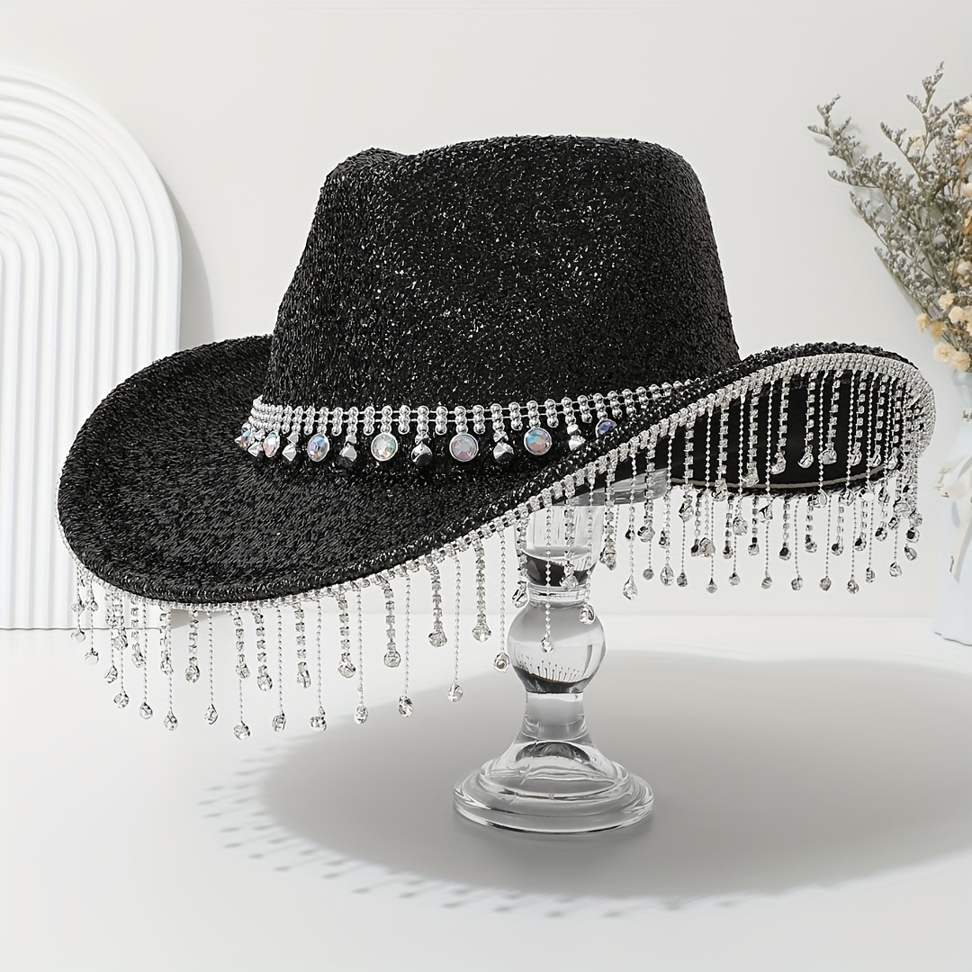 

A Stylish And Luxurious Lady's Hat With Artificial Silvery Chain Decoration, Peach Tassel Hat, Suitable For Weddings, Stage Performances, Mountaineering, And For Men And Women.