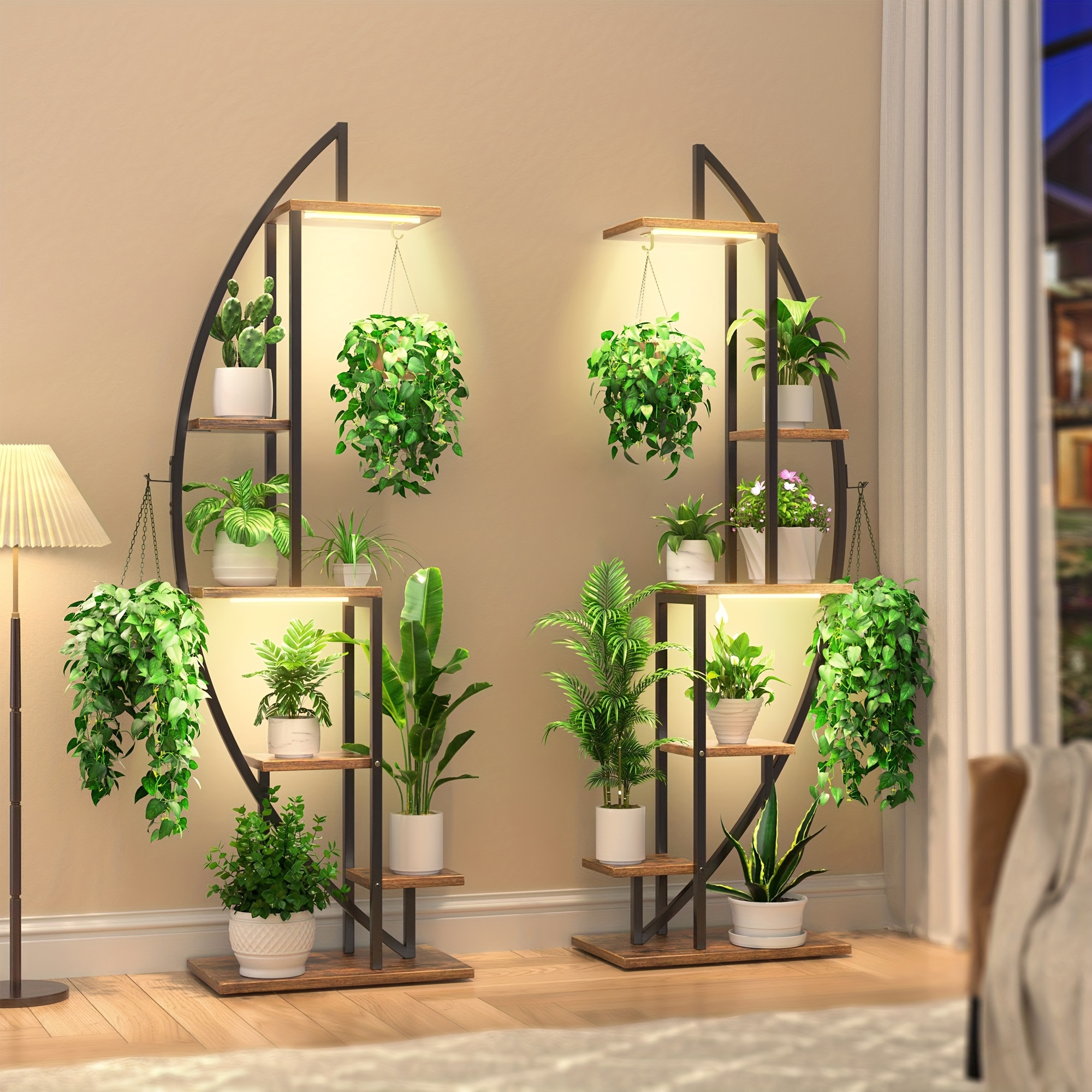 

Plant Stand Indoor With Grow Lights, 6 Tiered Tall Plant Shelf, 63" Metal Plant Stand For Indoor Plants Multiple, Half-moon Plant Rack Display Shelf, 2 Pcs Plant Holder For Living Room, Patio