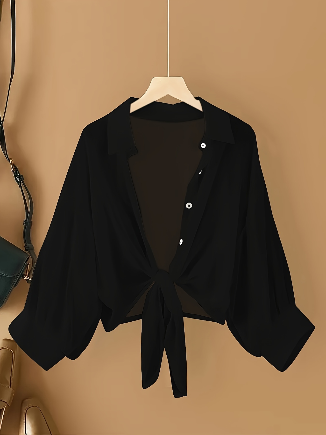 Plus Size Women's Lightweight Semi-Sheer Chiffon Shirt - Casual Beach Cover-Up with Front Tie Bow, Loose Fit Open Front Button-Up for Swimsuits & Dresses, Machine Washable Spring/Summer Tops, Summer Layering Piece, Foldover Collar, Elegant Ruching, Vacation Outfit, Flowy Texture, Stylish Cover Up, Beachgoers Outfit