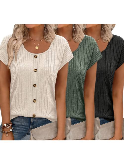 3pcs set womens comfortable loose fit basic shirts crew neck button up casual short sleeve pullover tops in solid colors